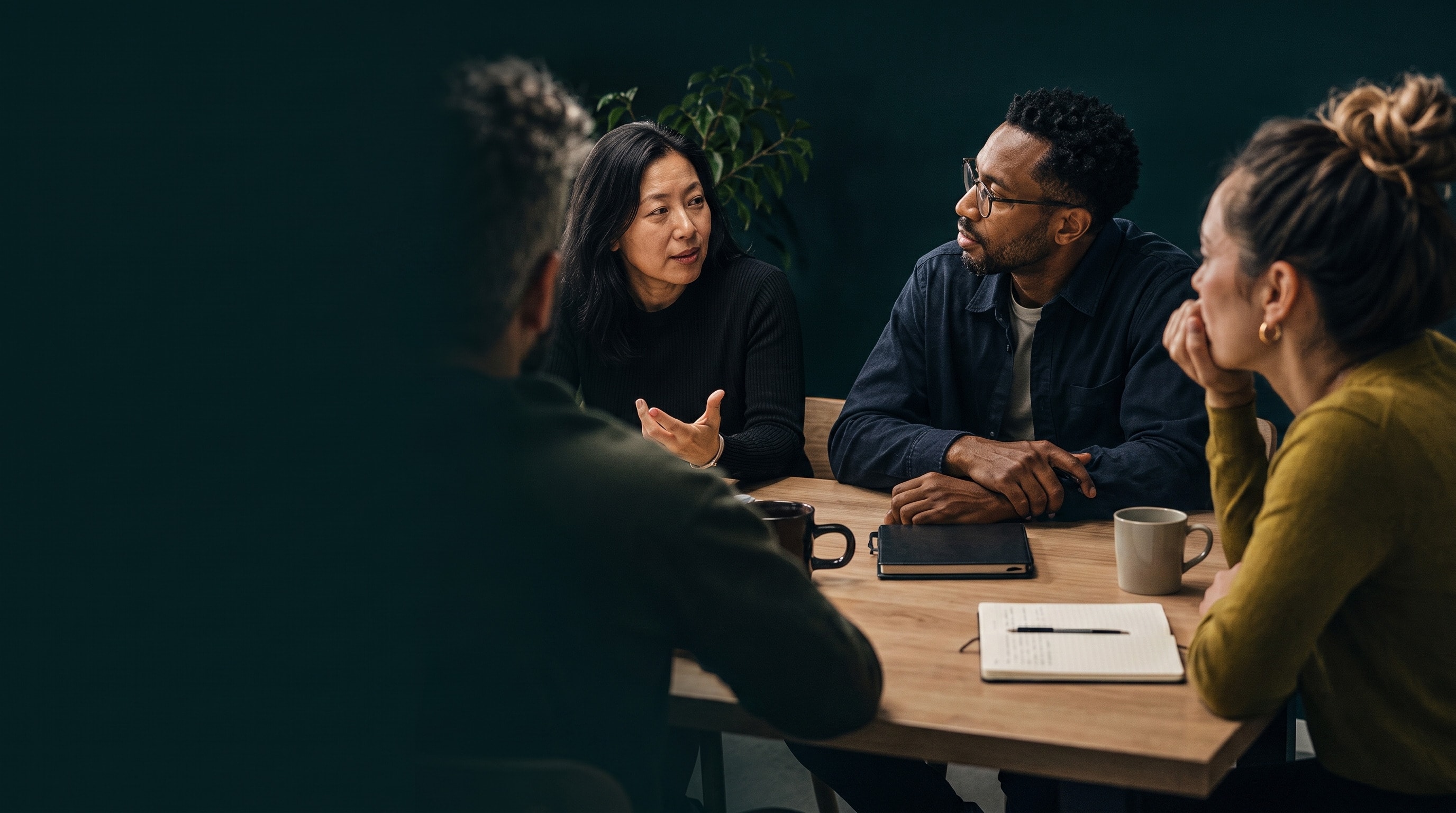 Four colleagues in conversation around a table