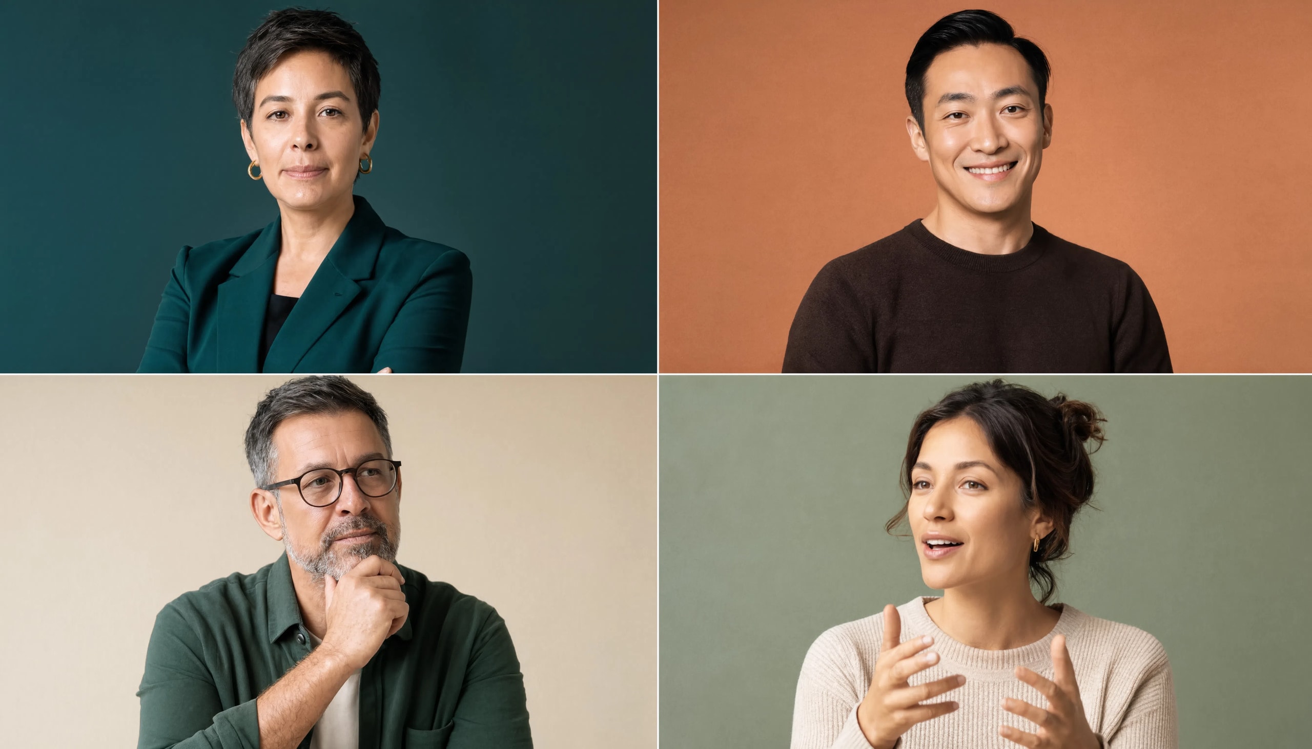 Four colleagues, each photographed against a different colour