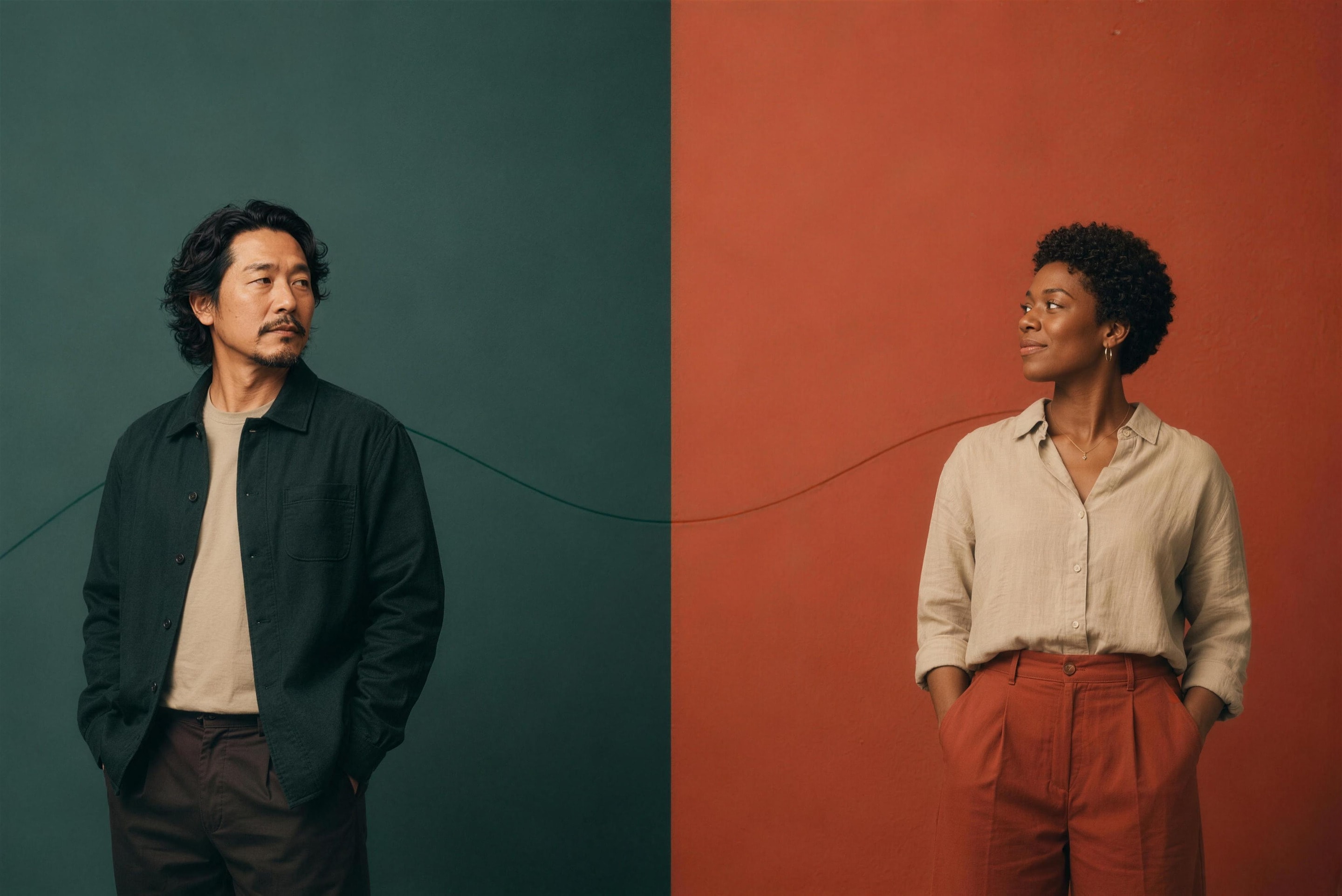 Two colleagues on green and rust backdrops, joined by a single thread
