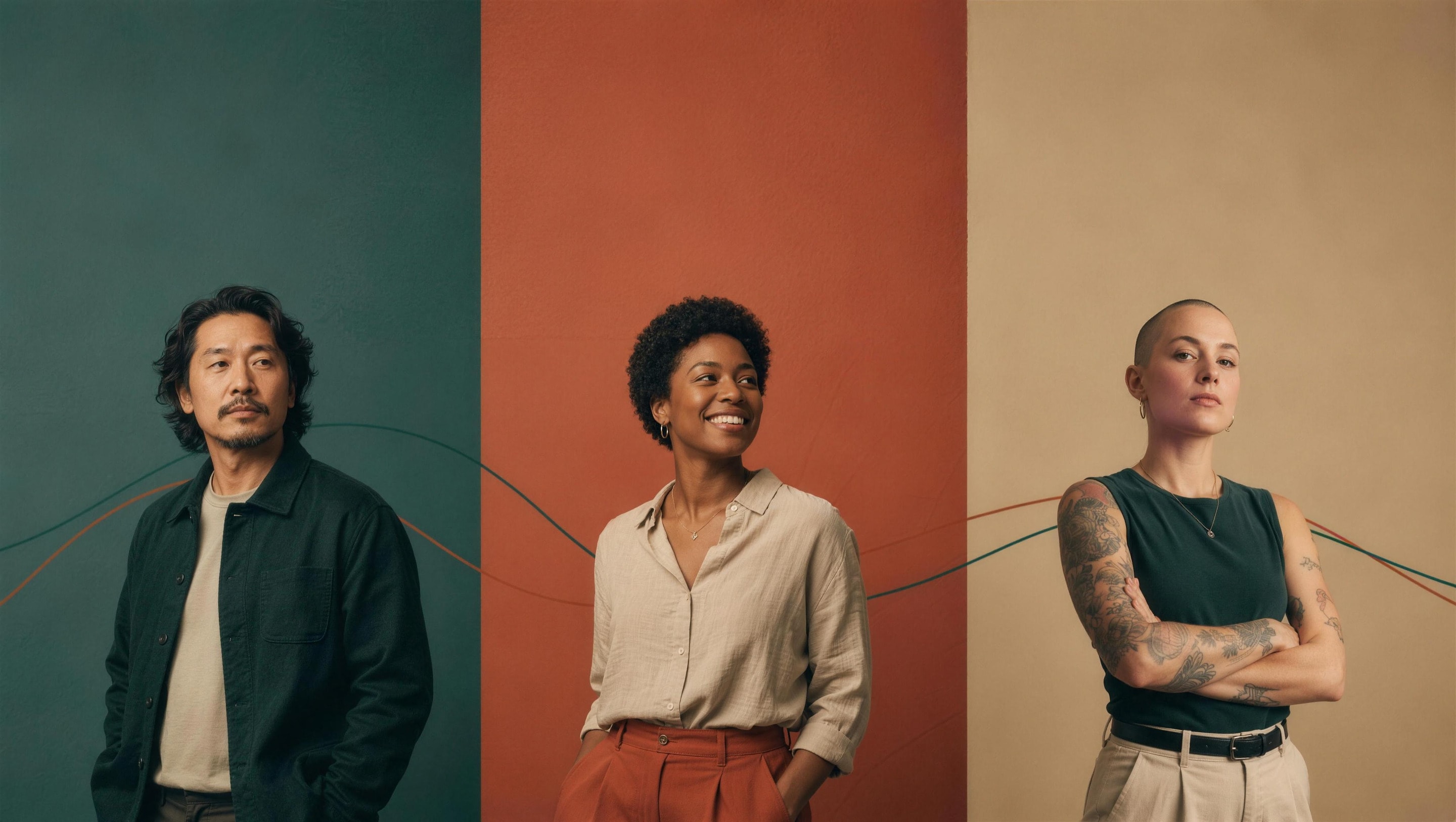 Three colleagues on their own coloured backdrops, joined by one line